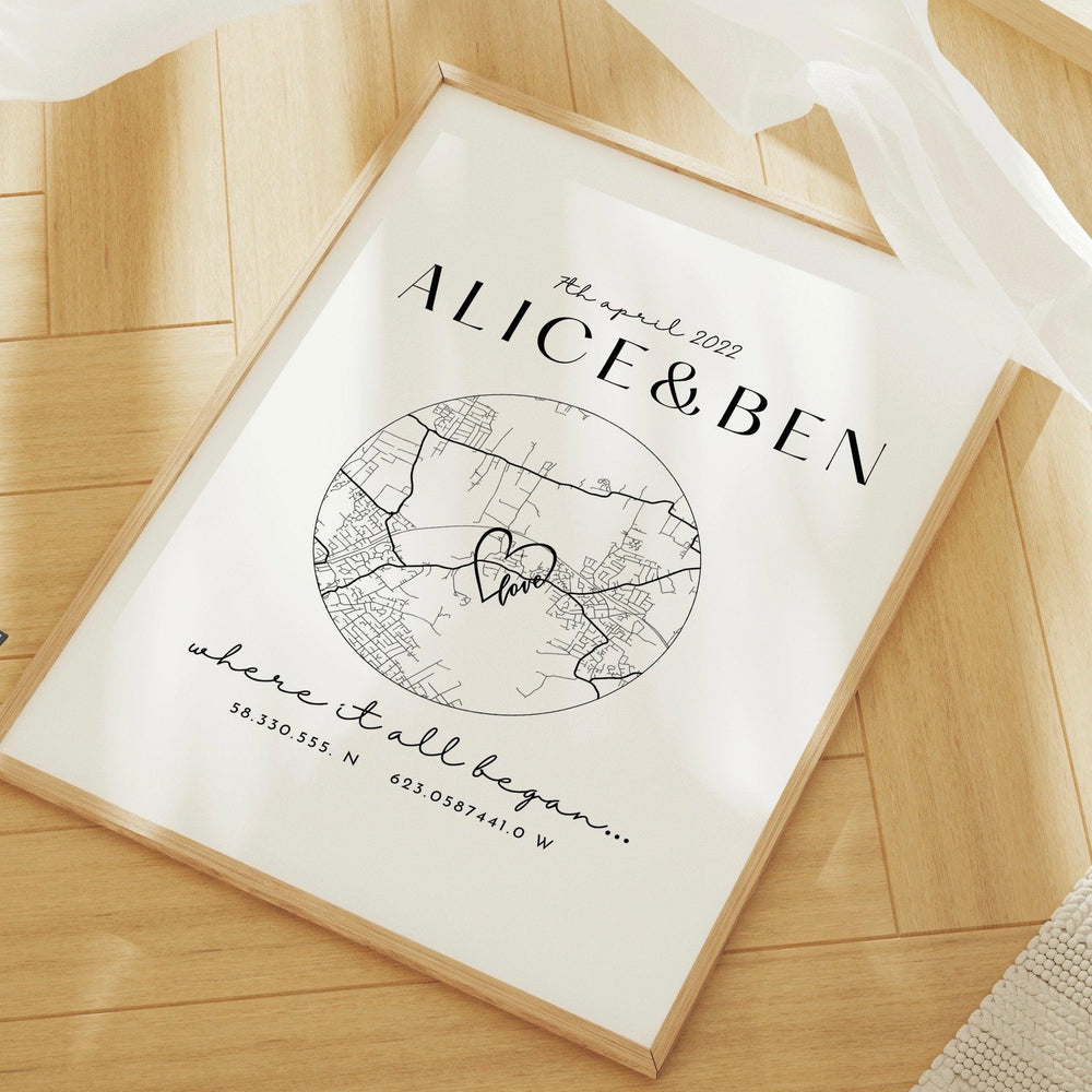 
                  
                    Personalised Anniversary Map Print, Where it all began home map print, Home Map Gift for Anniversary, Christmas Gifts for Him and Her - Glam and Co 
                  
                