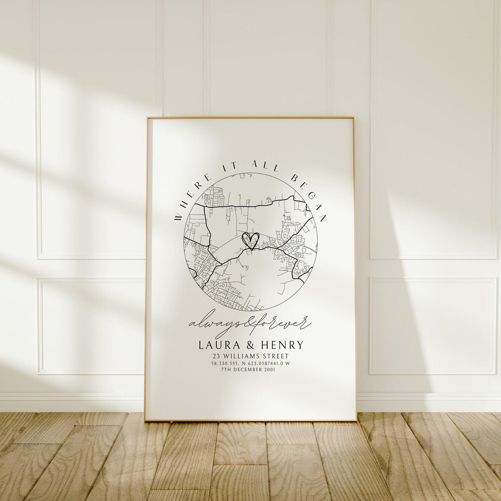 
                  
                    Personalised Anniversary Gift Map Print - Where it all began, Map Gift for Her Wife Girlfriend, Map Gift for Him Husband Boyfriend - Glam and Co 
                  
                