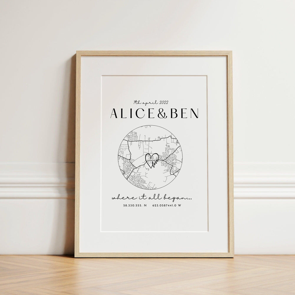 
                  
                    Personalised Anniversary Map Print, Where it all began home map print, Home Map Gift for Anniversary, Christmas Gifts for Him and Her - Glam and Co 
                  
                