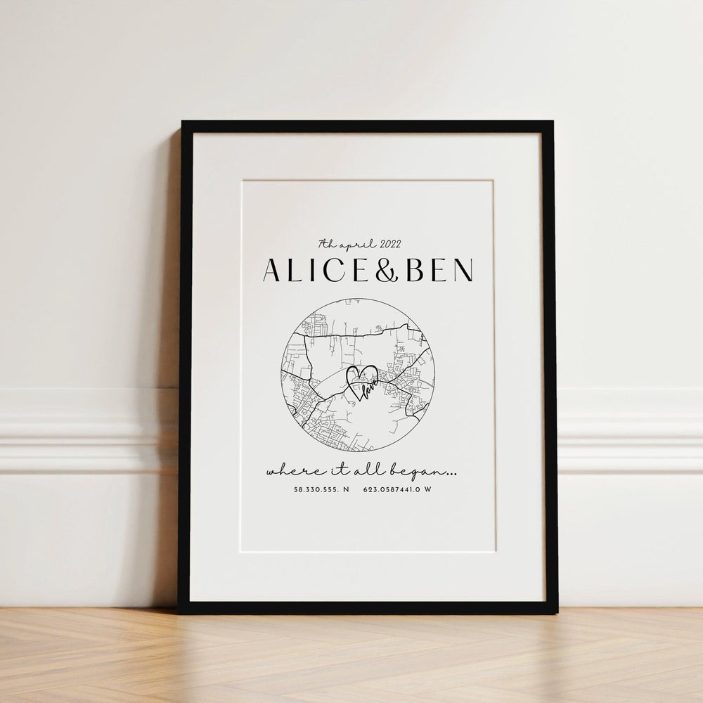 
                  
                    Personalised Anniversary Map Print, Where it all began home map print, Home Map Gift for Anniversary, Christmas Gifts for Him and Her - Glam and Co 
                  
                