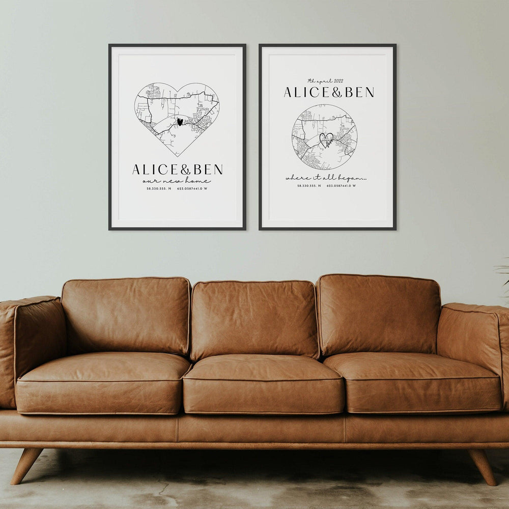 Personalised Anniversary Map Print, Where it all began home map print, Home Map Gift for Anniversary, Christmas Gifts for Him and Her - Glam and Co 