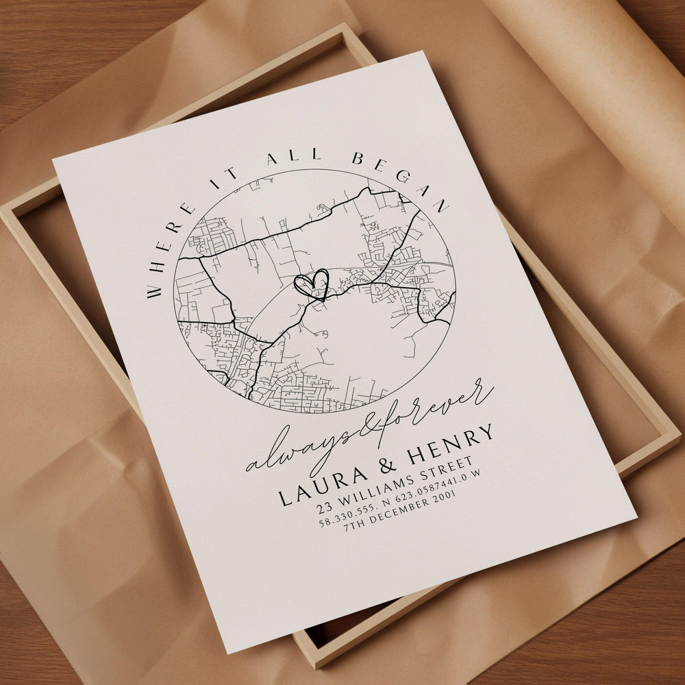
                  
                    Personalised Anniversary Gift Map Print - Where it all began, Map Gift for Her Wife Girlfriend, Map Gift for Him Husband Boyfriend - Glam and Co 
                  
                