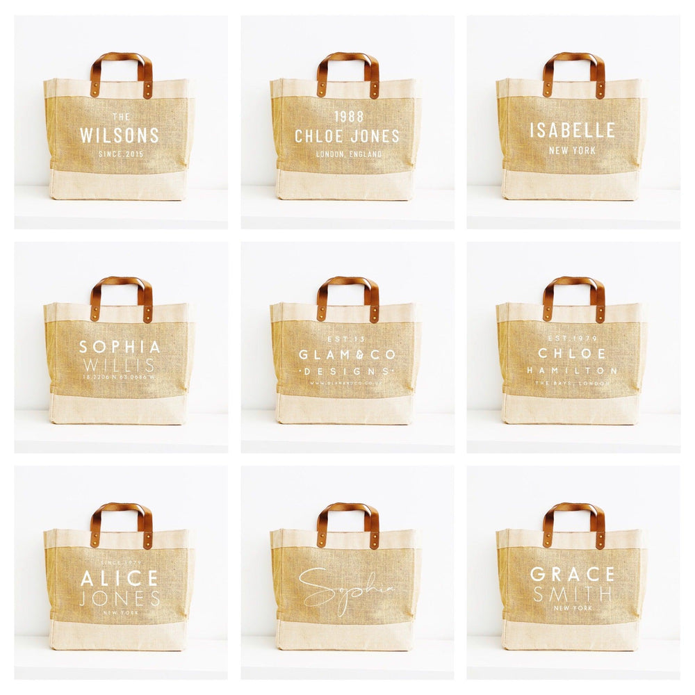 
                  
                    Personalised Jute Tote Bag - Custom name date and place - Glam & Co Designs Ltd
                  
                
