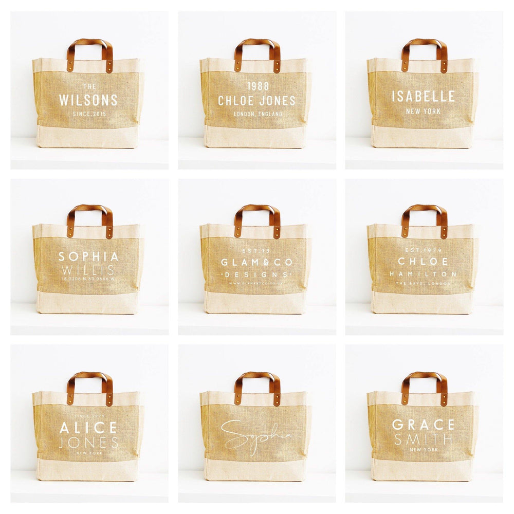 
                  
                    Personalised Jute Tote Shopping Bag | Family Name Shopper - Glam and Co 
                  
                